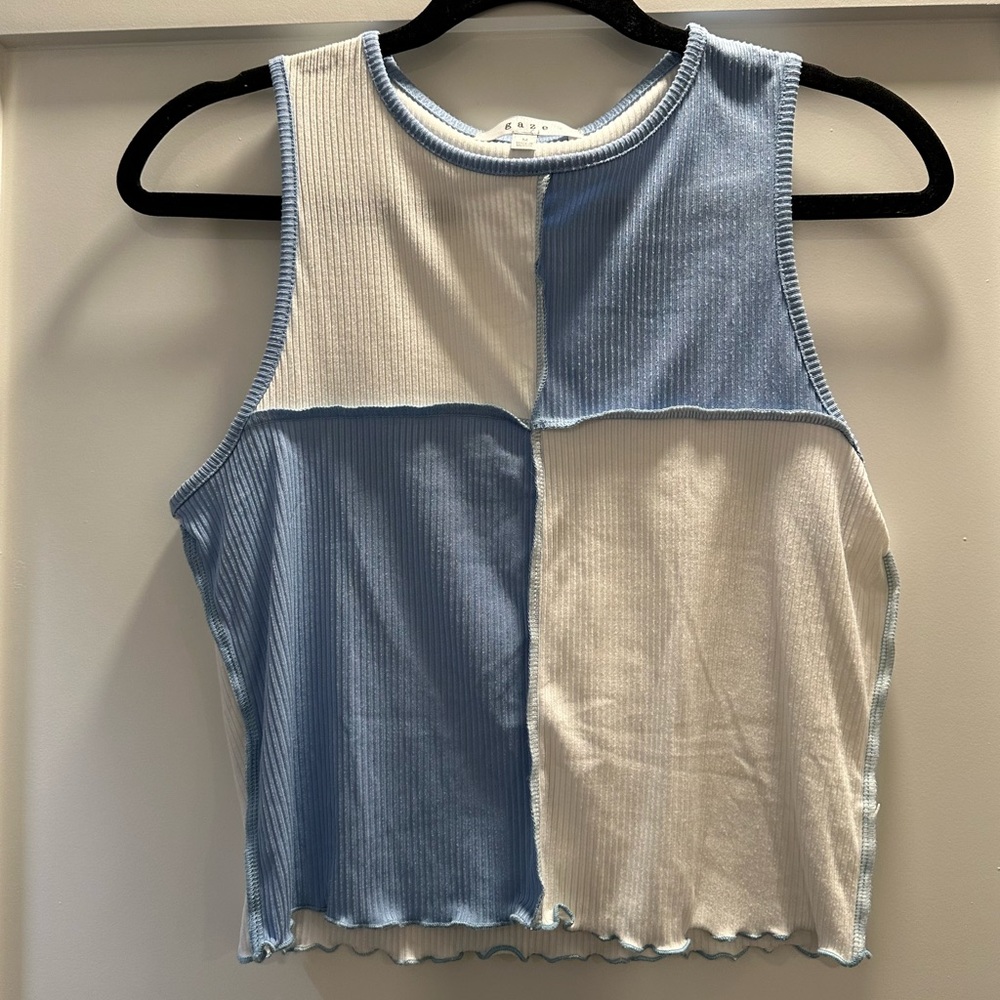 Cropped tank. Size: medium. Color: White and blue.